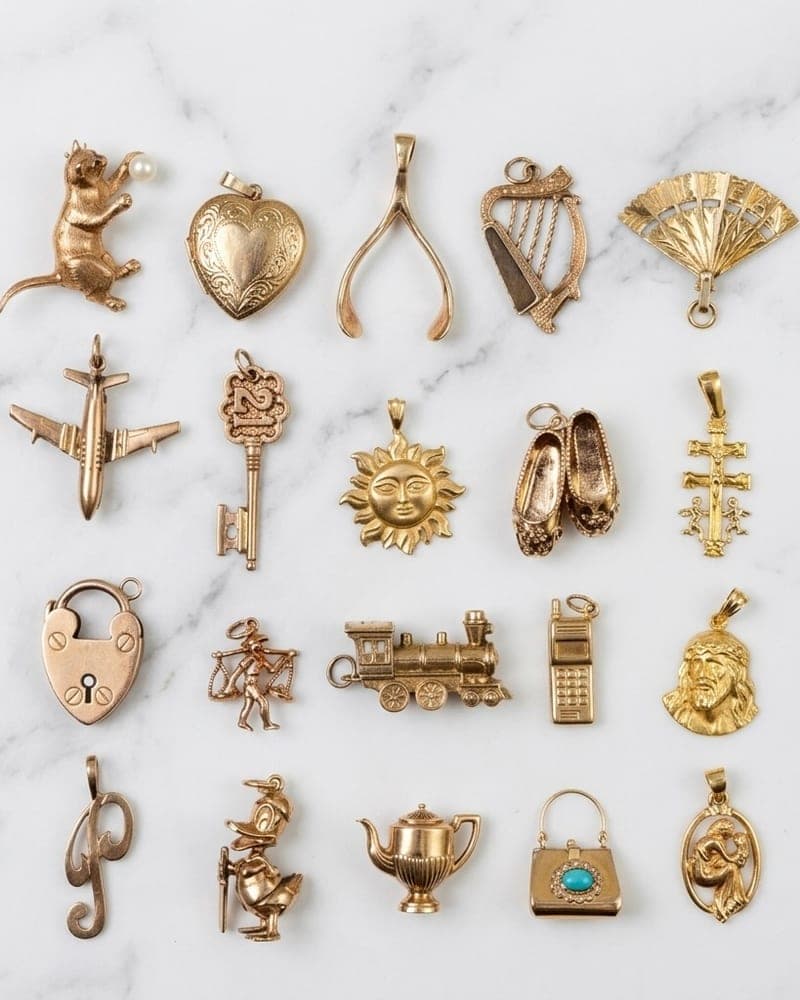 Twenty gold charms laid out on white marble — a cat with a pearl, a heart locket, a wishbone, a harp, a fan, a steam engine, Donald Duck.