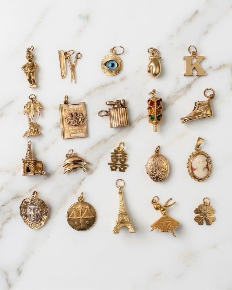 Twenty gold charms laid out on white marble — the Manneken Pis, an evil eye, a traffic light, a cameo, the Eiffel Tower, a ballerina, a four-leaf clover.