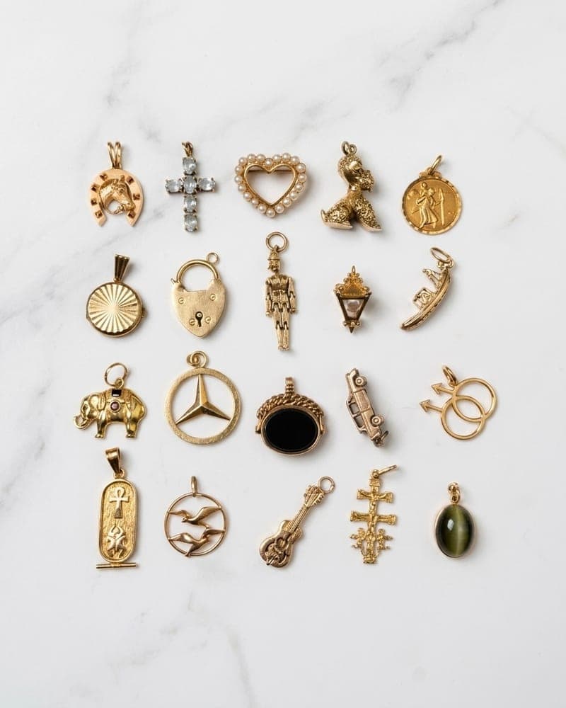 Twenty gold charms laid out on white marble — a horseshoe, a cross of aquamarines, a heart of seed pearls, a padlock, a gondola, a guitar, a Caravaca cross.