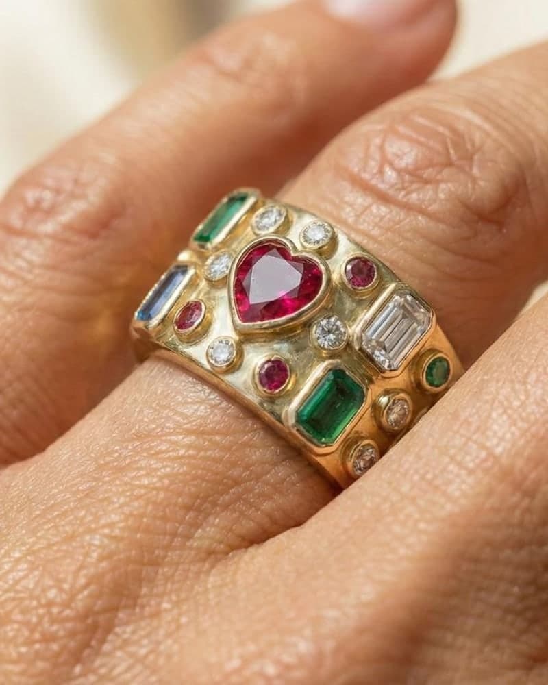 The gem-set circus band, worn — the ruby heart among its stones.
