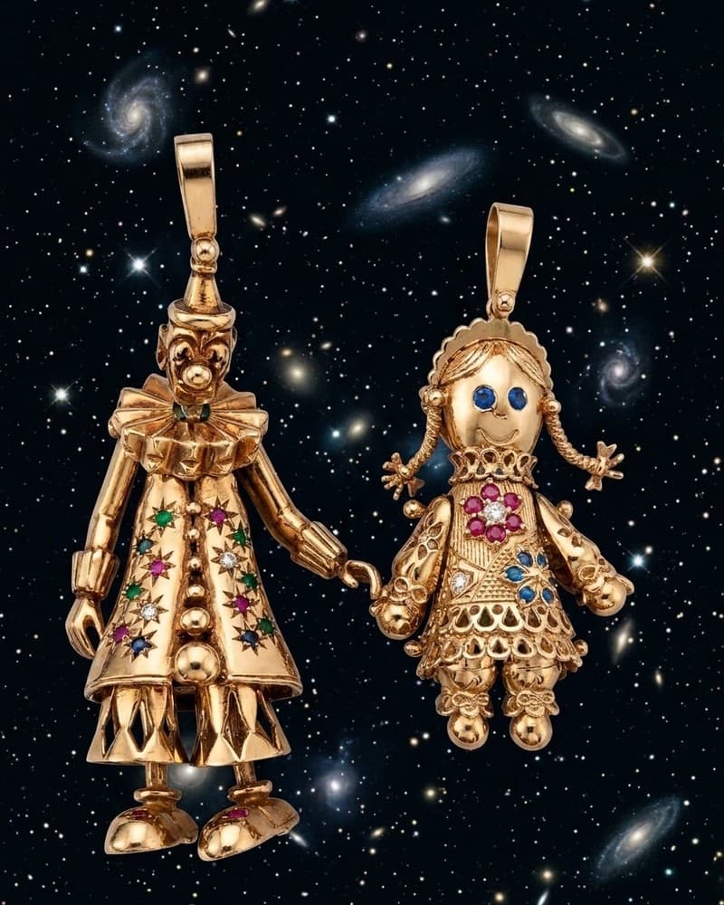 An articulated clown and a rag doll in gold, gem-set, hand in hand against a field of stars.