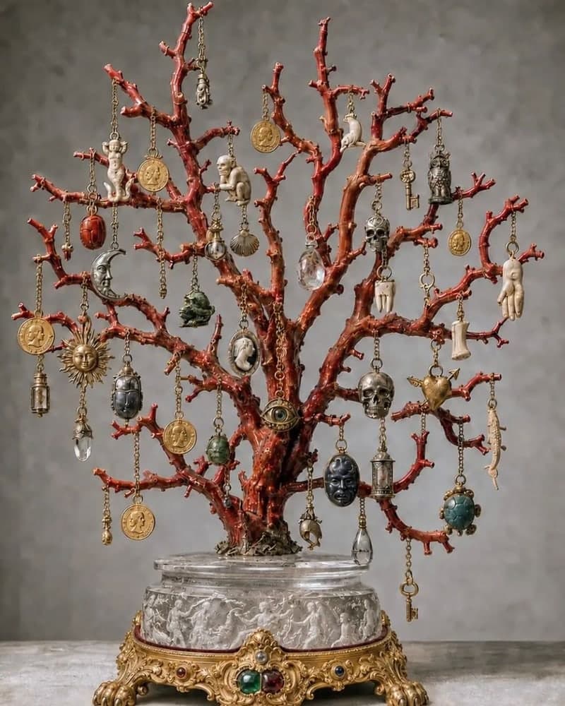 A branch-coral tree hung with gold and carved charms, on a rock-crystal and gilt base.