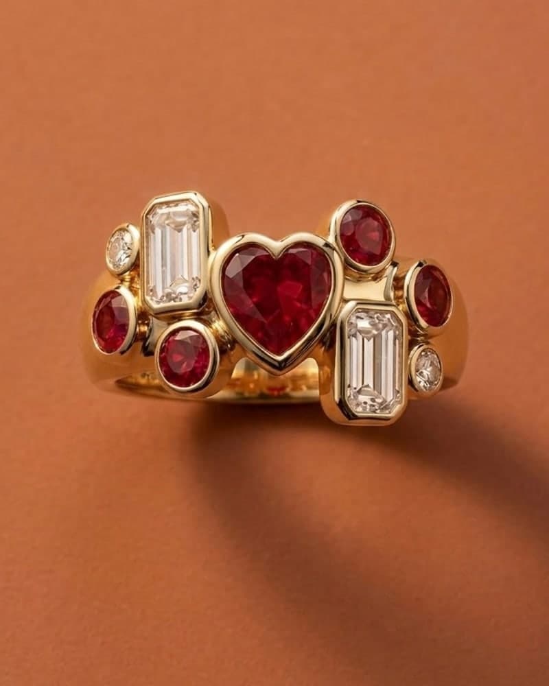 The ruby heart cluster ring, on a terracotta ground.
