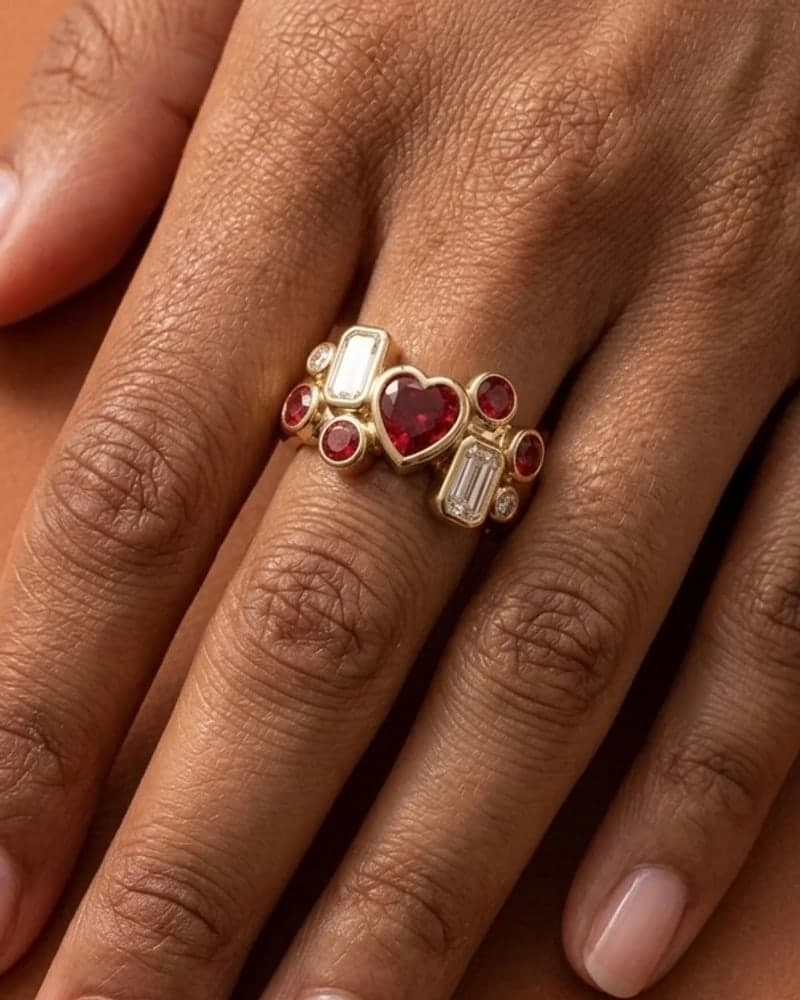 The ruby heart cluster ring, worn.